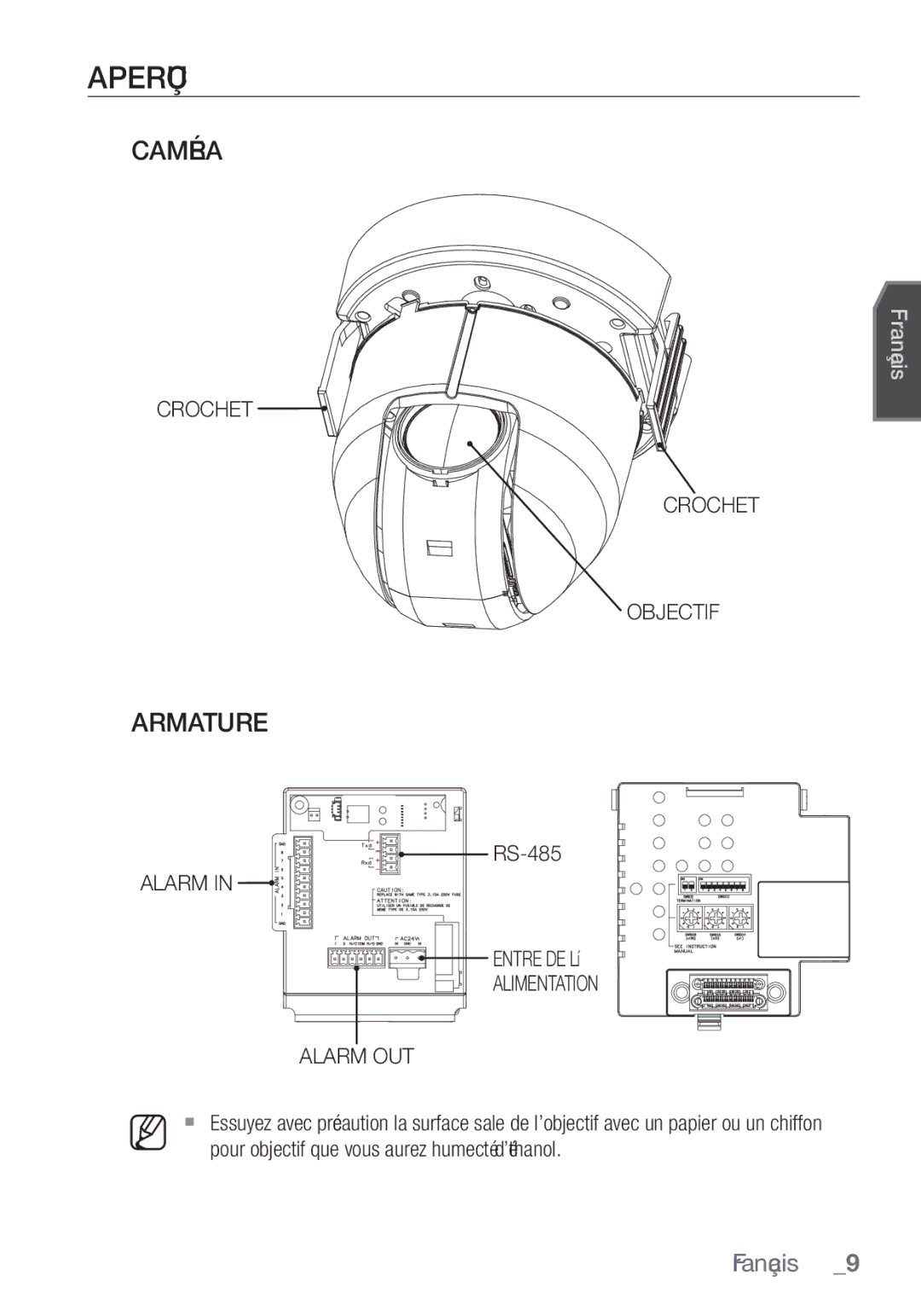 Samsung SCC-C6455P manual Aperçu, Caméra, Armature, Crochet Objectif, Alarm Entrée DE L’ Alimentation Alarm OUT 