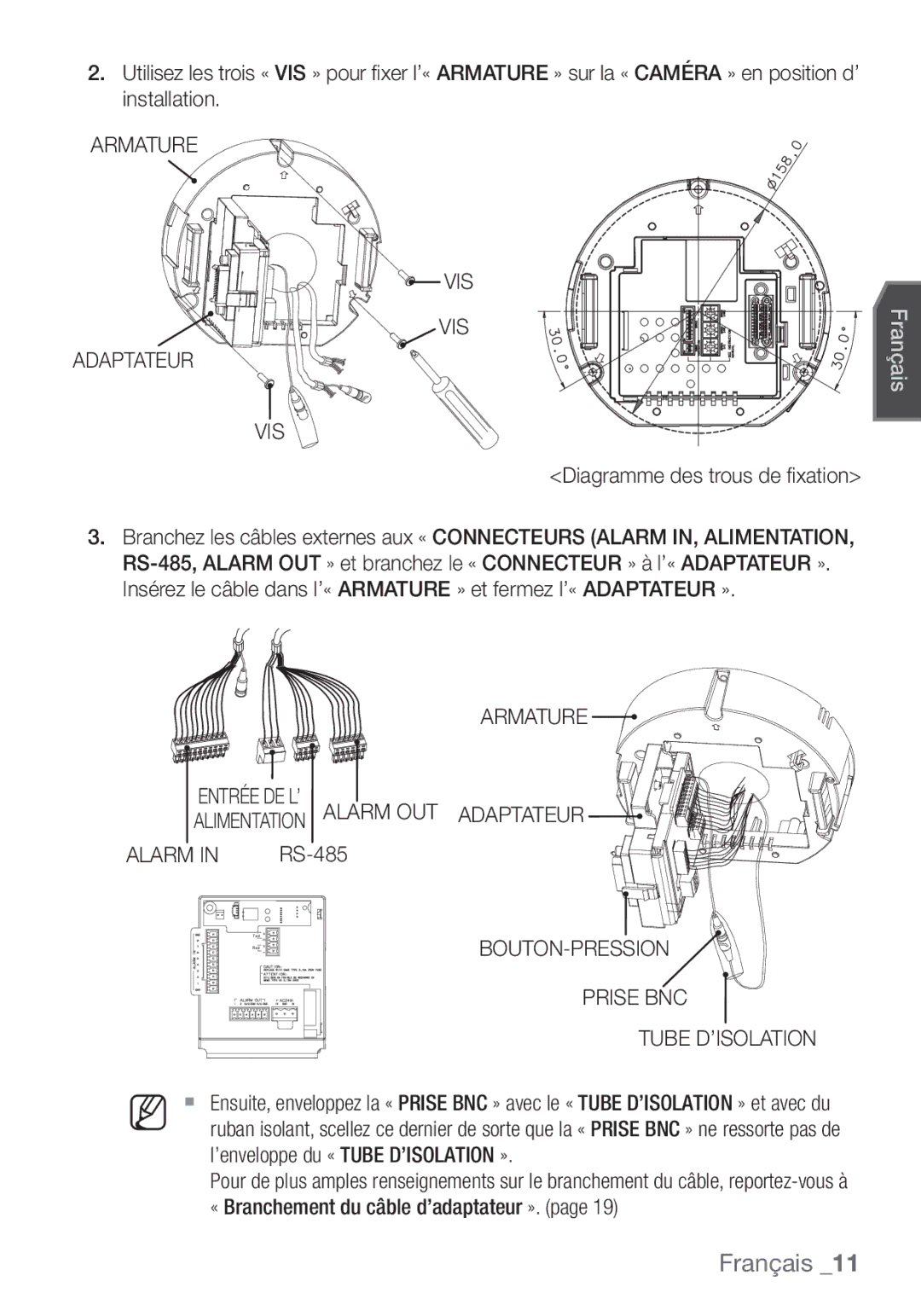 Samsung SCC-C6455P Armature VIS Adaptateur, Diagramme des trous de ﬁ xation, BOUTON-PRESSION Prise BNC Tube D’ISOLATION 