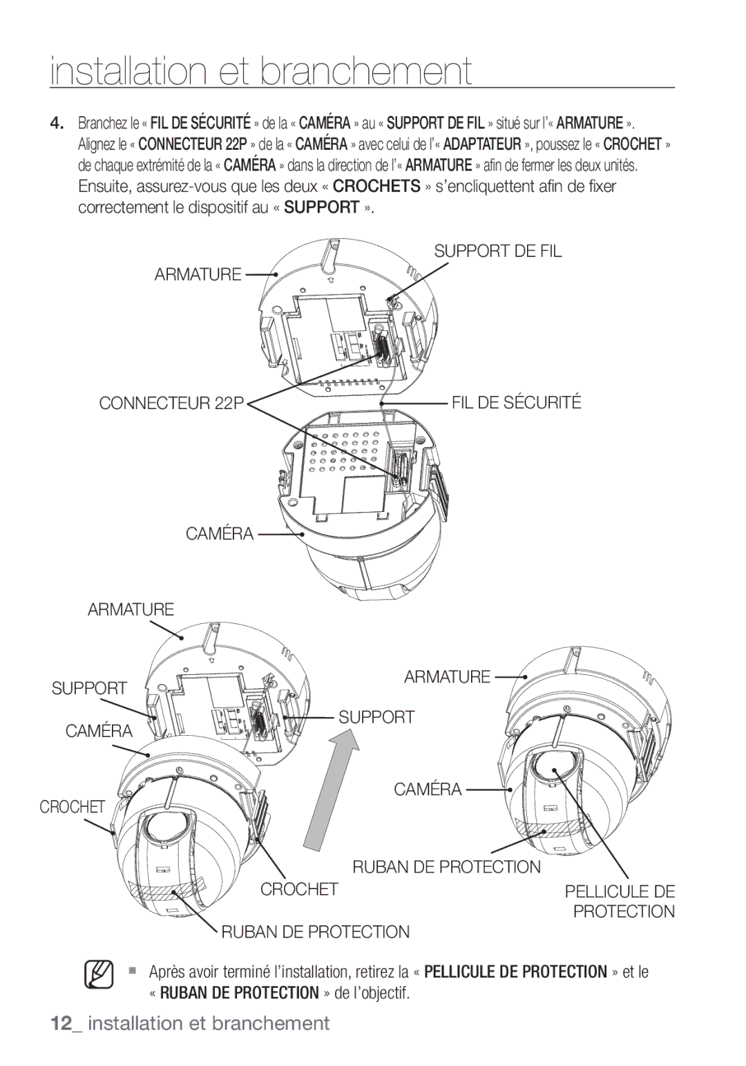 Samsung SCC-C6455P Support DE FIL Armature Connecteur 22P, Caméra Armature, Support Caméra Crochet, Ruban DE Protection 