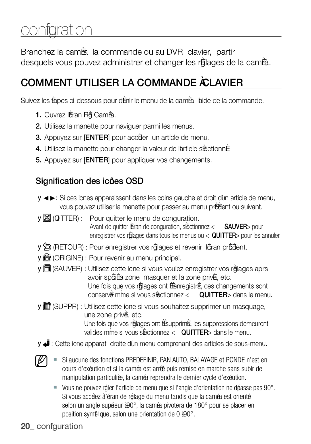 Samsung SCC-C6455P manual Configuration, Comment Utiliser LA Commande À Clavier, Signification des icônes OSD 