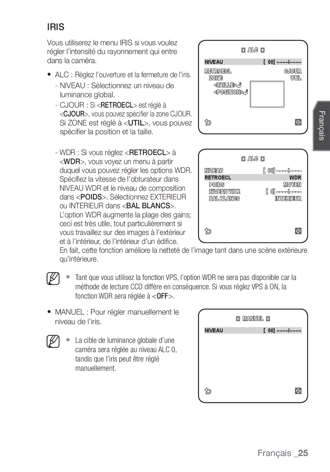 Samsung SCC-C6455P manual WDR Si vous réglez Retroecl à 