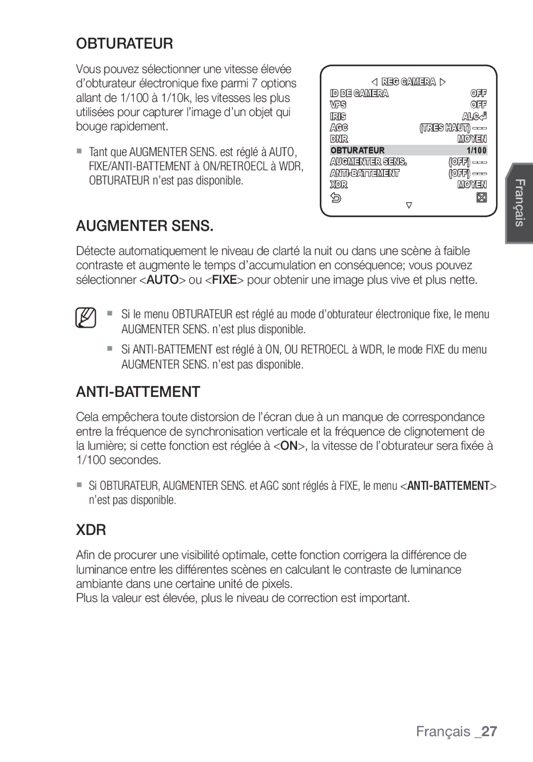 Samsung SCC-C6455P manual Obturateur, Augmenter Sens, Anti-Battement 