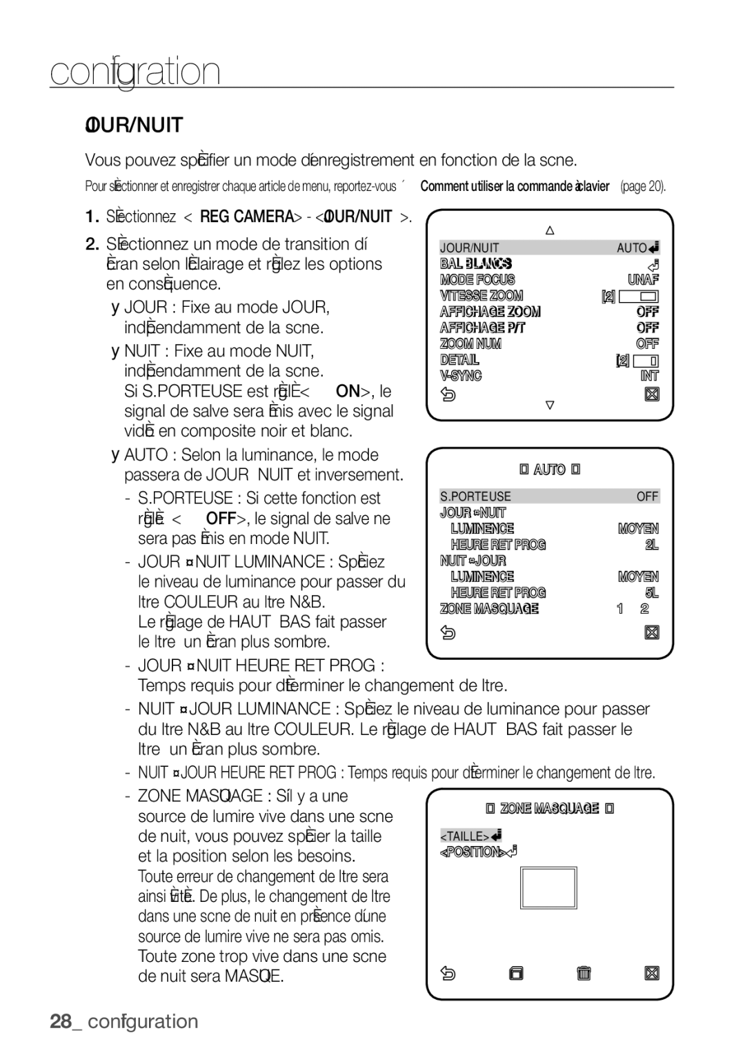 Samsung SCC-C6455P manual Jour/Nuit, JOUR¨NUIT Heure RET Prog, Toute zone trop vive dans une scène de nuit sera Masquée 