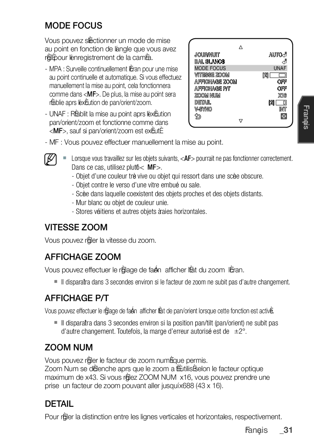 Samsung SCC-C6455P manual Mode Focus, Vitesse Zoom, Affichage Zoom, Affichage P/T, Zoom NUM 