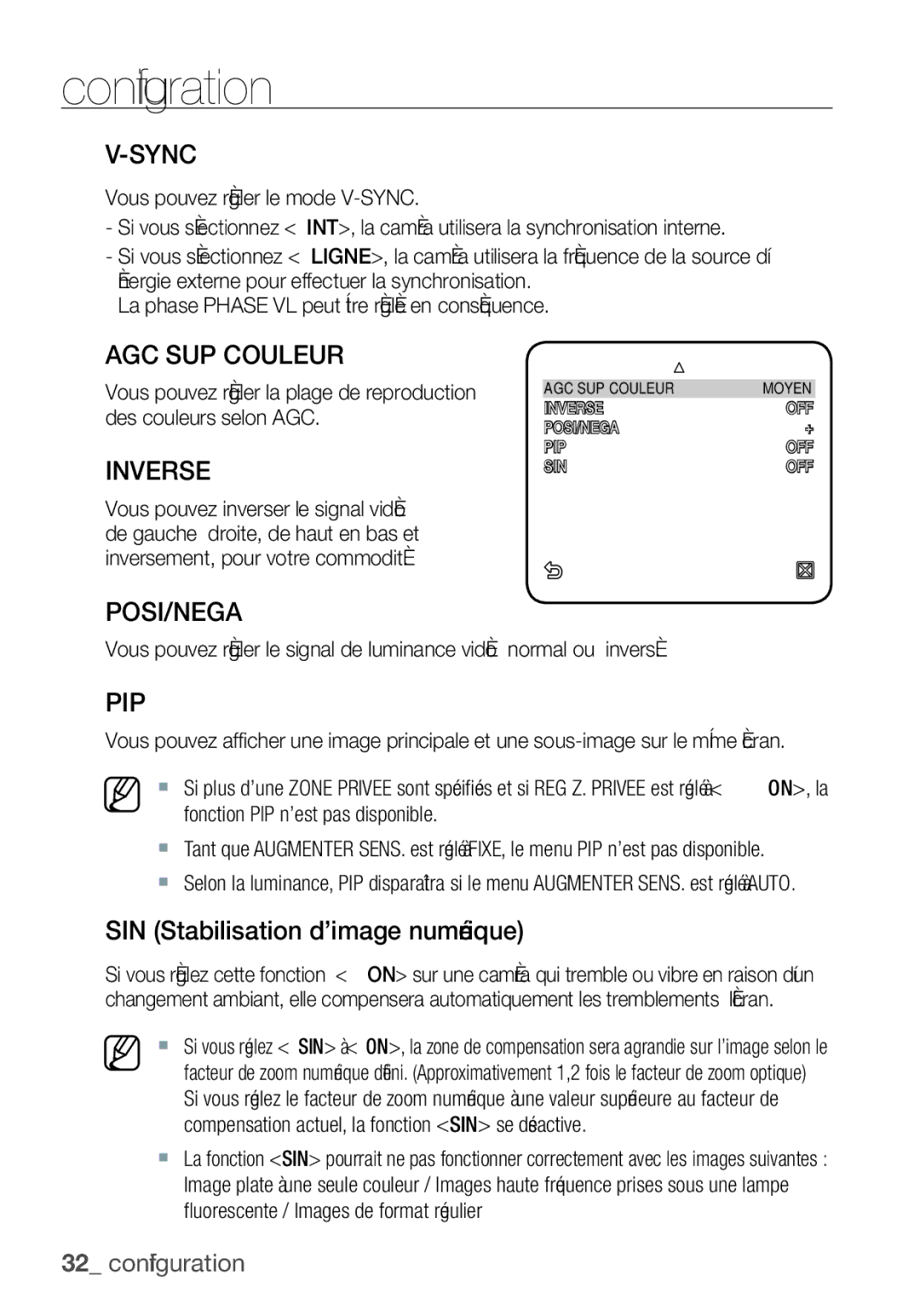 Samsung SCC-C6455P manual AGC SUP Couleur, Inverse, SIN Stabilisation d’image numérique 