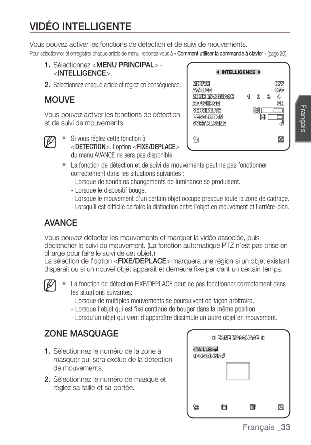 Samsung SCC-C6455P manual Vidéo Intelligente, Avance, Zone Masquage 