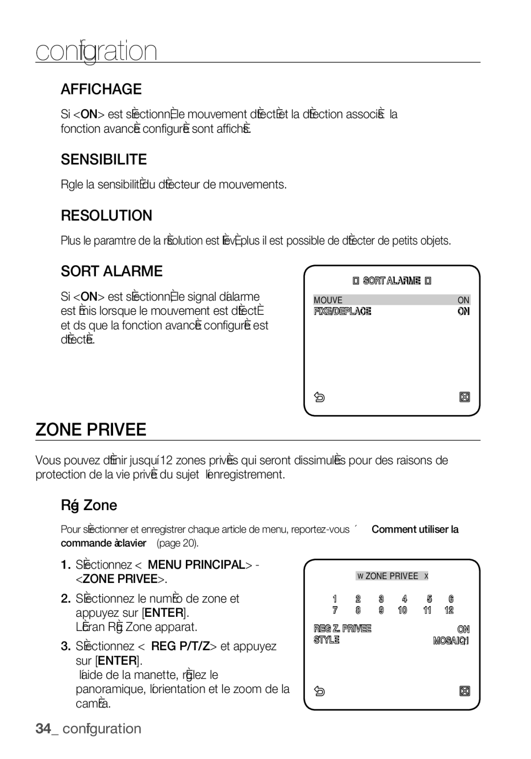 Samsung SCC-C6455P manual Zone Privee, Affichage, Sensibilite, Sort Alarme, Rég Zone 