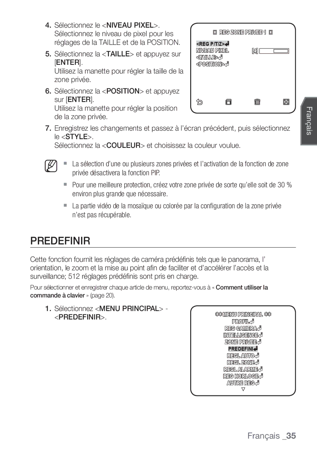 Samsung SCC-C6455P manual Predefinir, Sélectionnez Menu Principal 