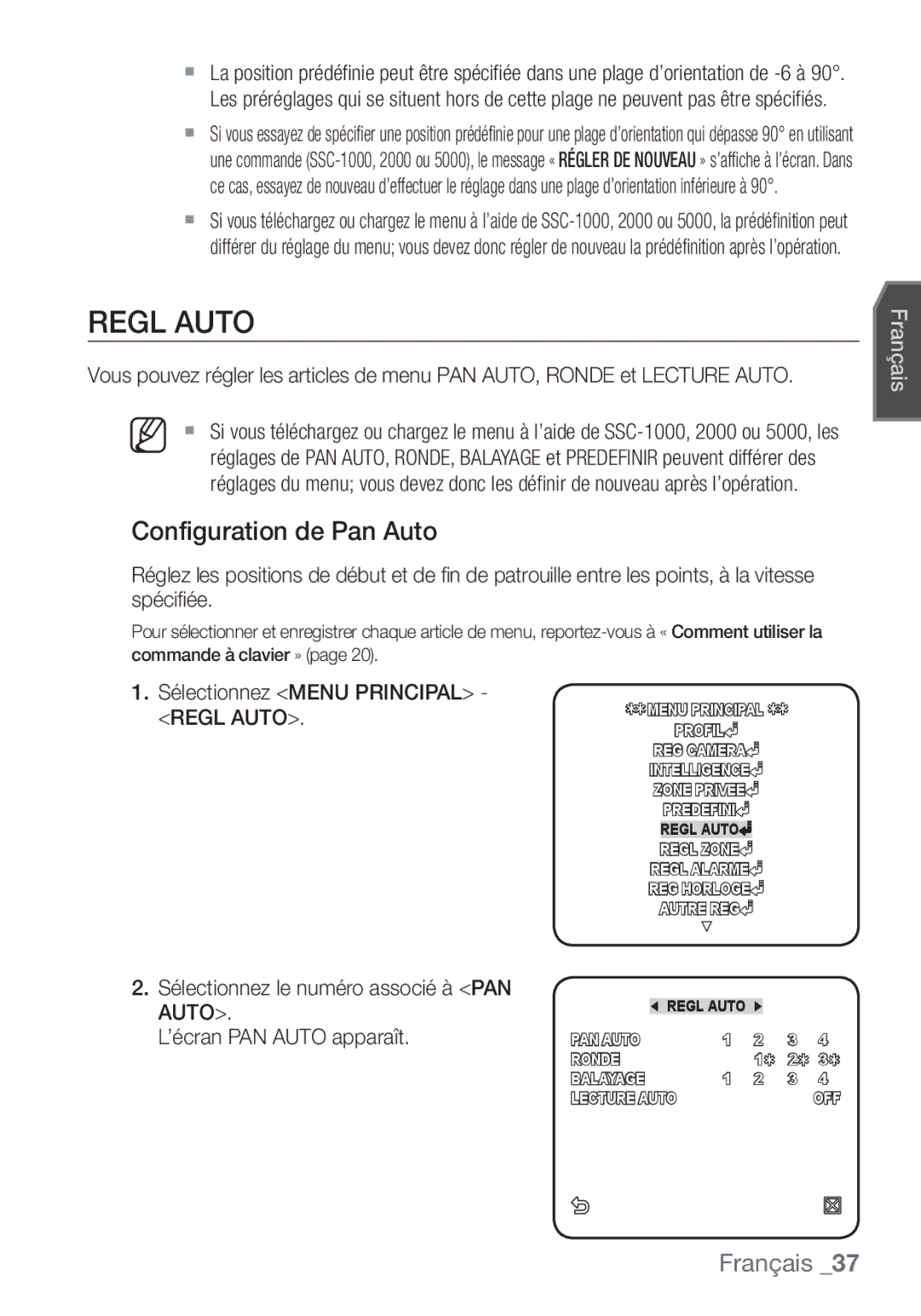 Samsung SCC-C6455P manual Regl Auto, Configuration de Pan Auto 