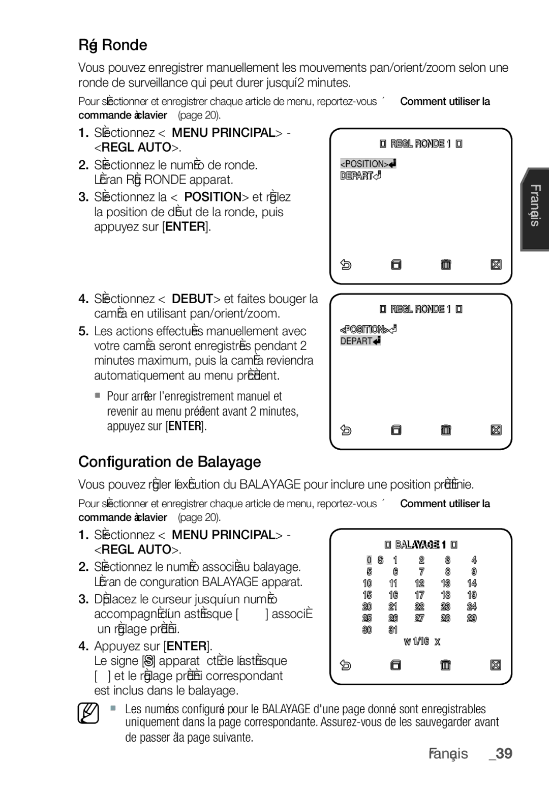 Samsung SCC-C6455P manual Rég Ronde, Configuration de Balayage, Sélectionnez Menu Principal Regl Auto 