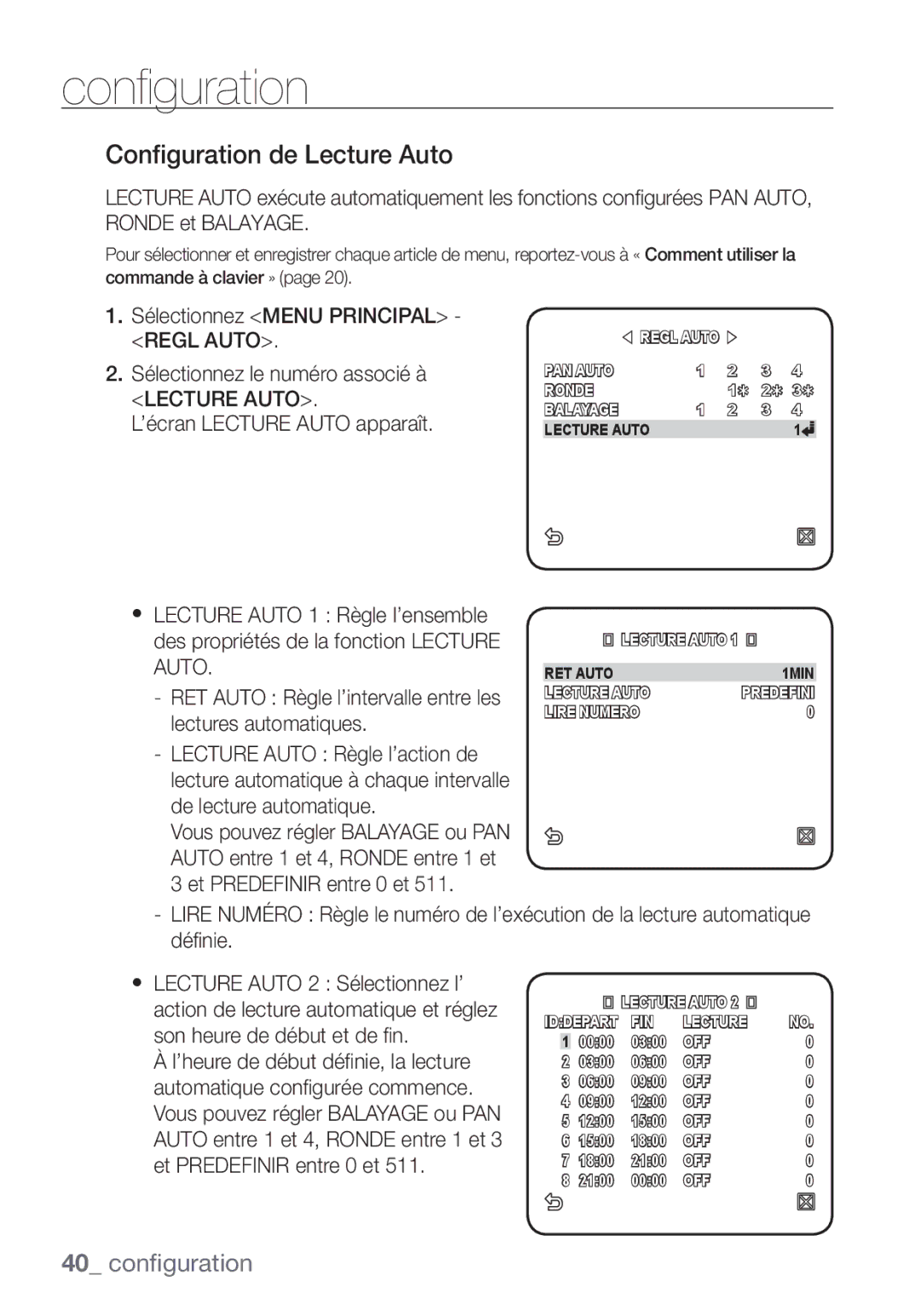 Samsung SCC-C6455P manual Configuration de Lecture Auto, Lectures automatiques, Lecture Auto Règle l’action de 