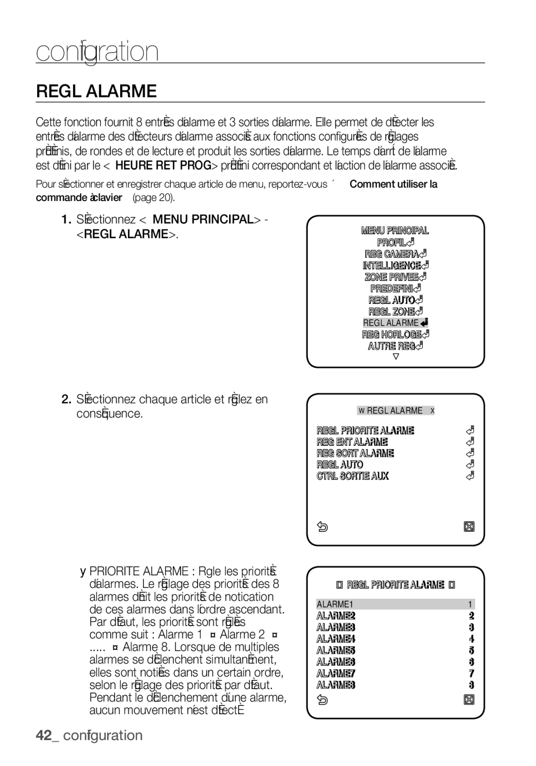 Samsung SCC-C6455P manual Sélectionnez Menu Principal Regl Alarme 