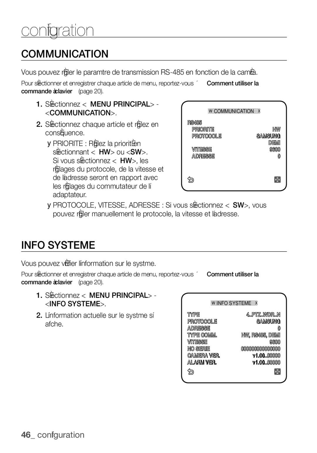 Samsung SCC-C6455P manual Info Systeme, Communication, Vous pouvez vérifier l’information sur le système 