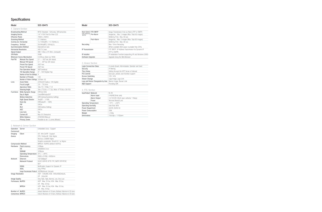 Samsung Scc-C6475 dimensions Specifications, Camera Section, Viewer Section, ETC. Section, Network & Server Section 