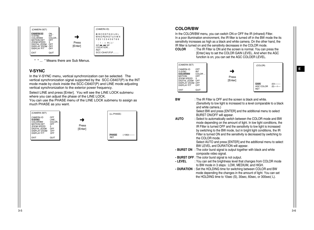 Samsung SCC-C6475P, SCC-C6407P manual Color/Bw, Sync 