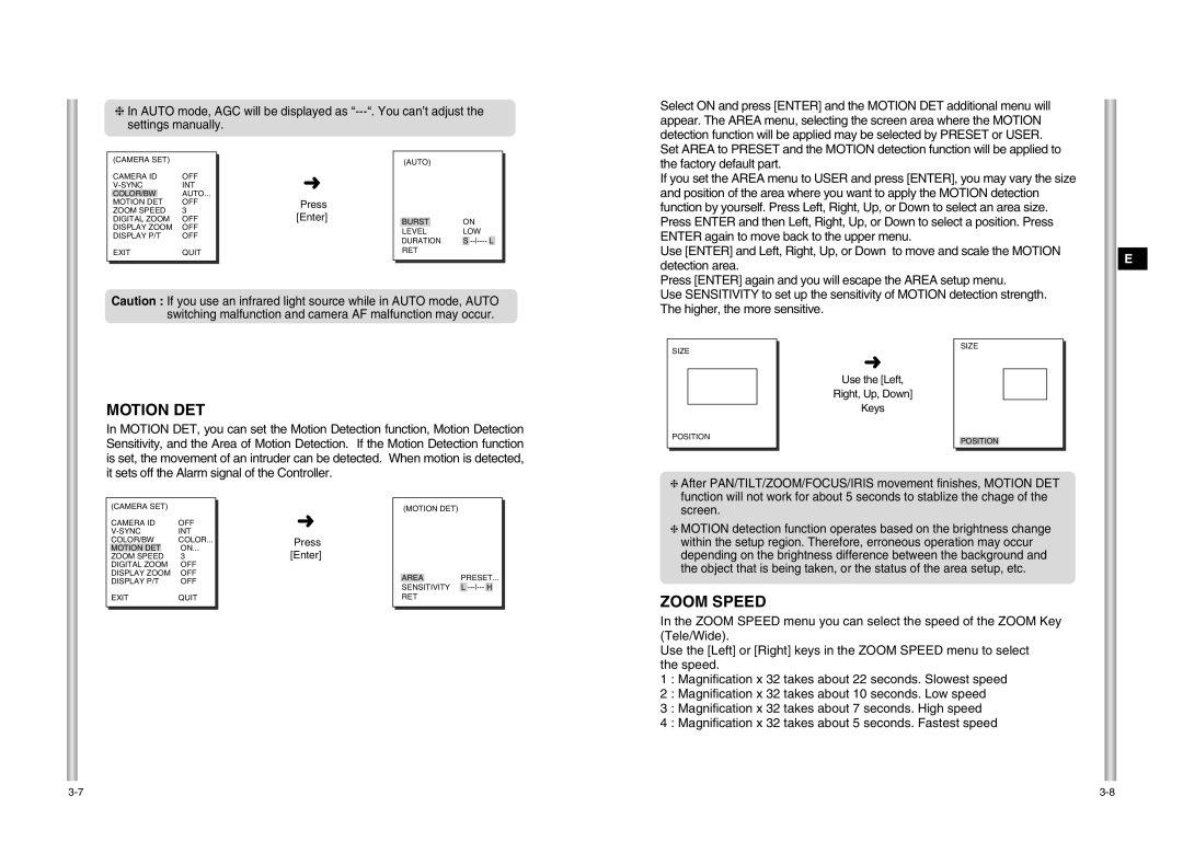 Samsung SCC-C6407P, SCC-C6475P manual Motion DET, Zoom Speed 