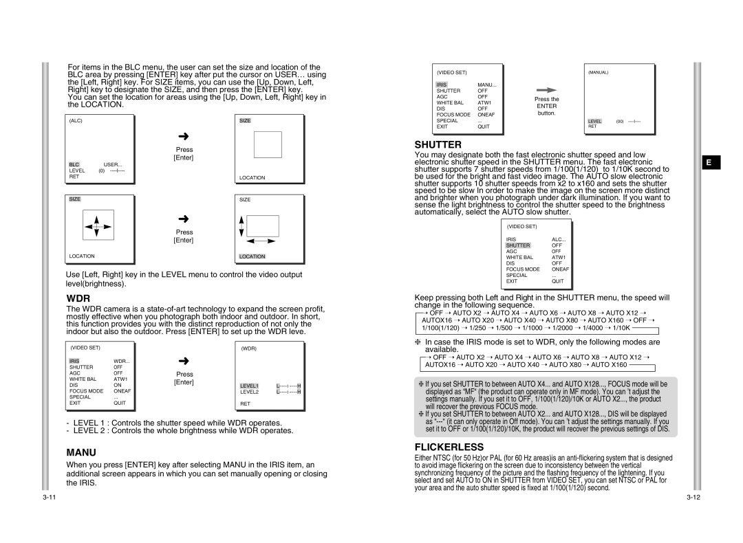 Samsung SCC-C6407P, SCC-C6475P manual Shutter, Wdr, Manu, Flickerless 