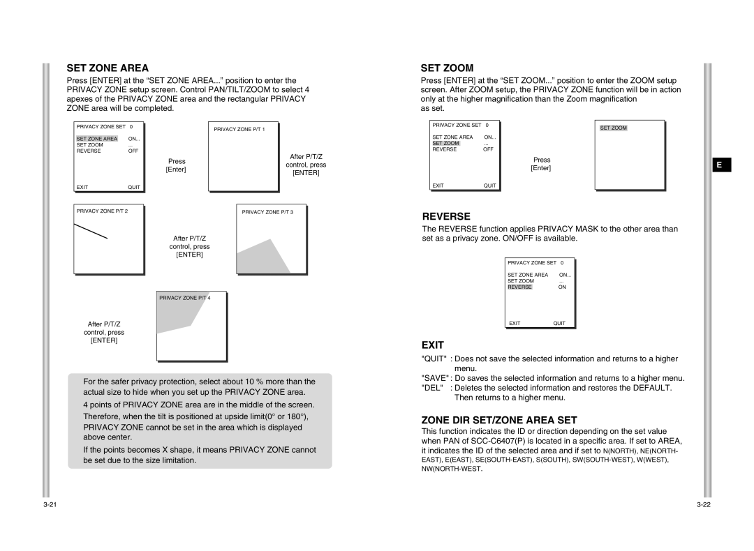 Samsung SCC-C6475P, SCC-C6407P manual SET Zone Area, SET Zoom, Reverse, Zone DIR SET/ZONE Area SET 