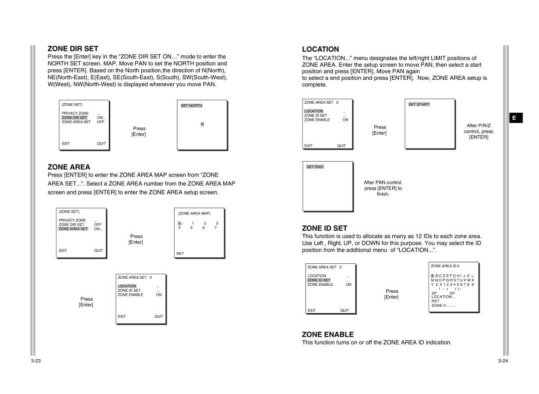 Samsung SCC-C6407P, SCC-C6475P manual Zone DIR SET, Location, Zone Area, Zone ID SET, Zone Enable 