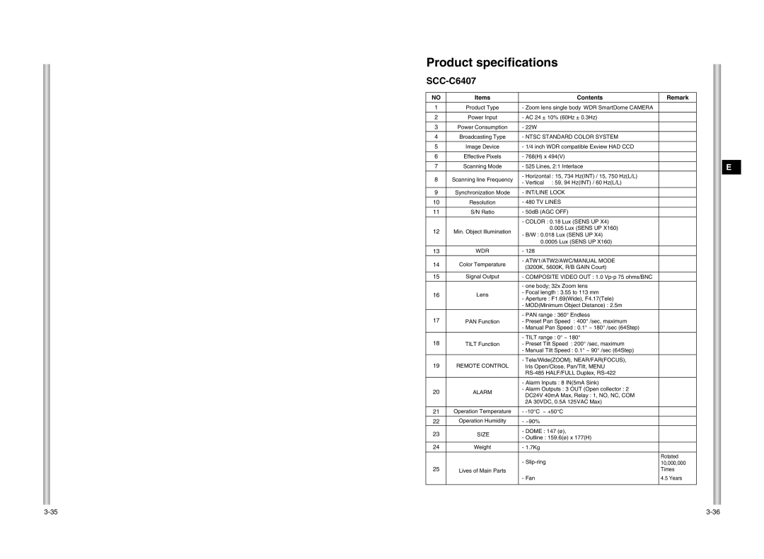 Samsung SCC-C6407P, SCC-C6475P manual Product specifications 