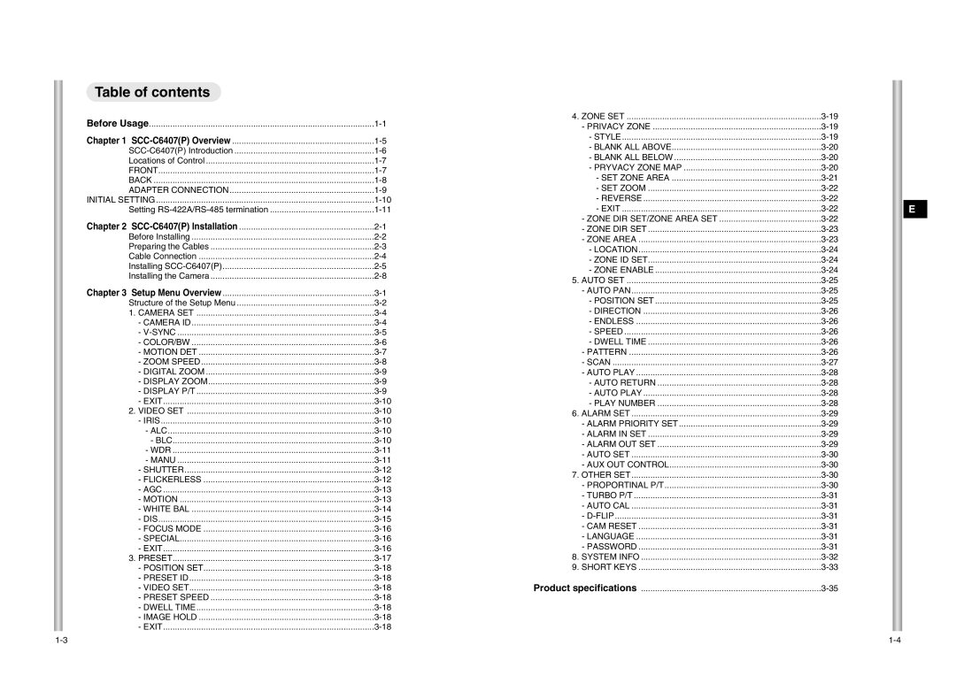 Samsung SCC-C6407P, SCC-C6475P manual Table of contents 