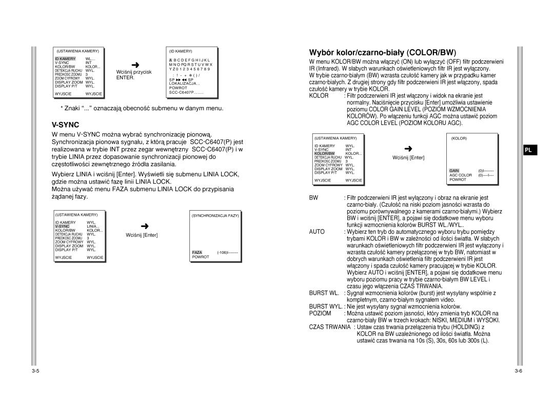 Samsung SCC-C6475P, SCC-C6407P manual Wybór kolor/czarno-bia∏y COLOR/BW, AGC Color Level Poziom Koloru AGC, Auto, Burst WL 