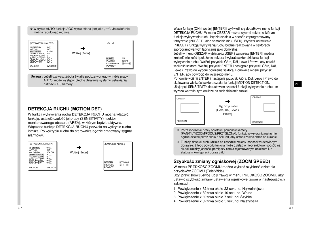 Samsung SCC-C6407P, SCC-C6475P manual Detekcja Ruchu Motion DET, SzybkoÊç zmiany ogniskowej Zoom Speed 