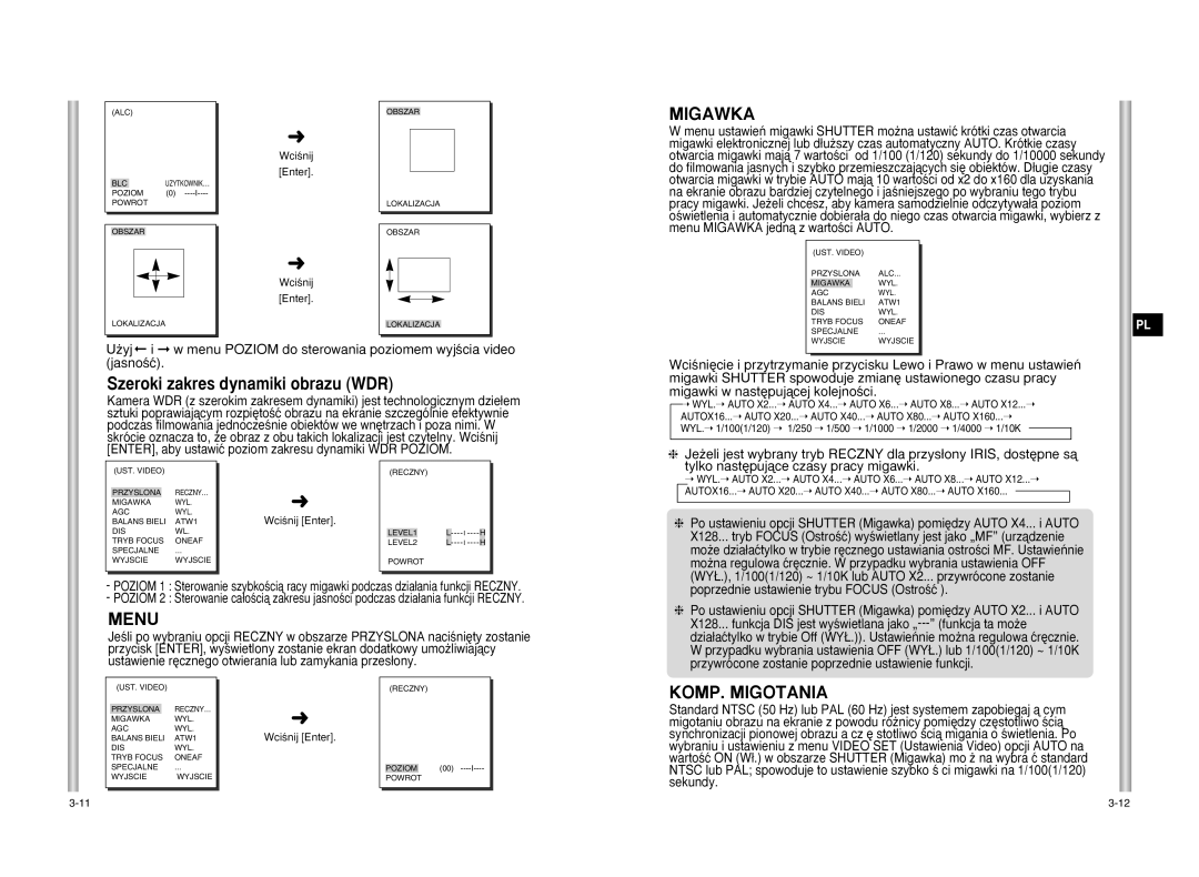 Samsung SCC-C6407P, SCC-C6475P manual Migawka, Szeroki zakres dynamiki obrazu WDR, Menu, KOMP. Migotania 