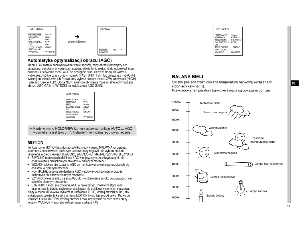 Samsung SCC-C6475P, SCC-C6407P manual Automatyka optymalizacji obrazu AGC, Motion, Balans Bieli 