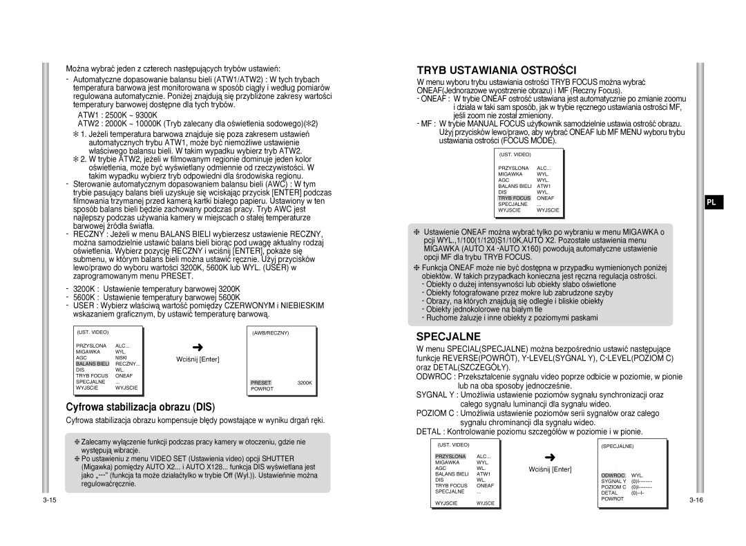 Samsung SCC-C6407P, SCC-C6475P manual Tryb Ustawiania Ostroâci, Specjalne, Cyfrowa stabilizacja obrazu DIS 