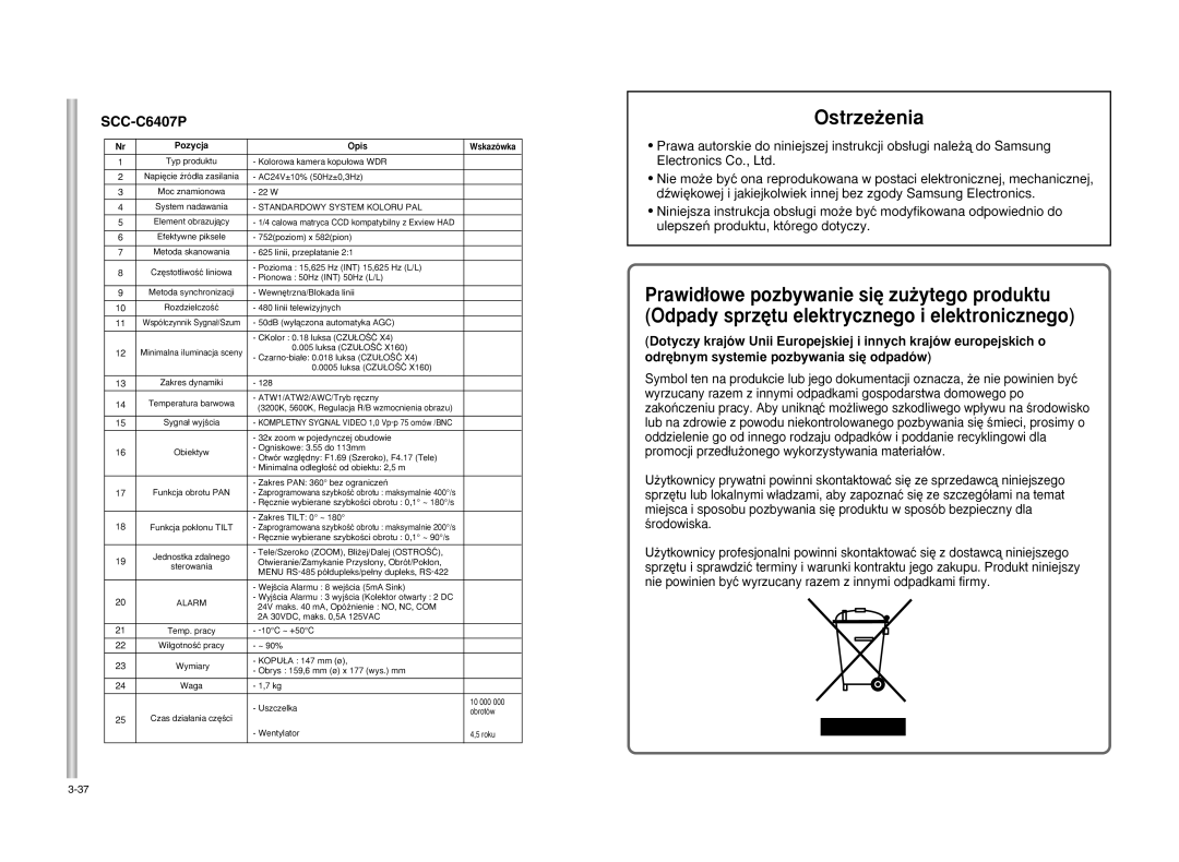 Samsung SCC-C6475P, SCC-C6407P manual Ostrze˝enia 