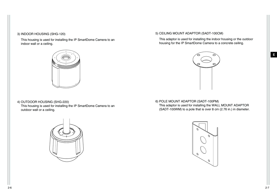 Samsung SCC-C6475(P) manual Indoor Housing SHG-120, Outdoor Housing SHG-220, Ceiling Mount Adaptor SADT-100CM 