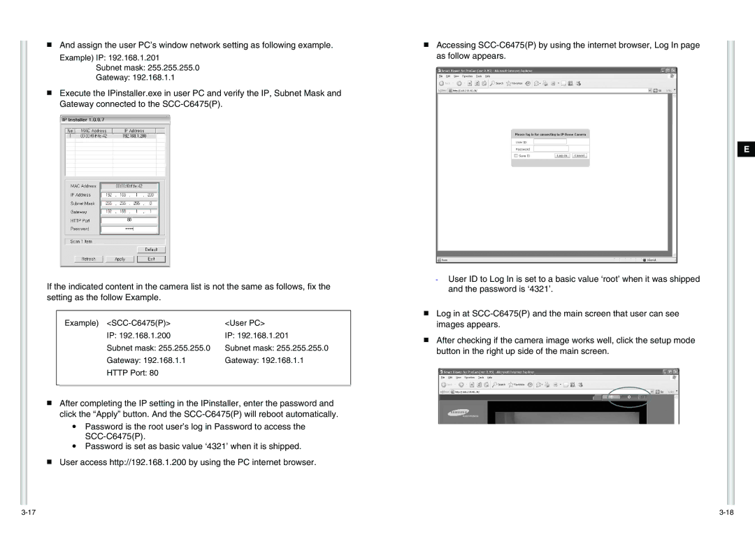 Samsung SCC-C6475(P) manual Example IP Subnet mask Gateway 