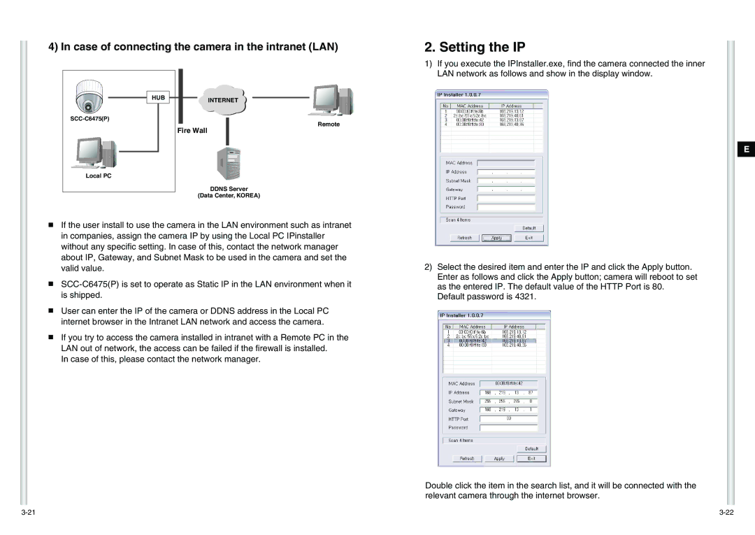 Samsung SCC-C6475(P) manual Setting the IP, Case of connecting the camera in the intranet LAN 