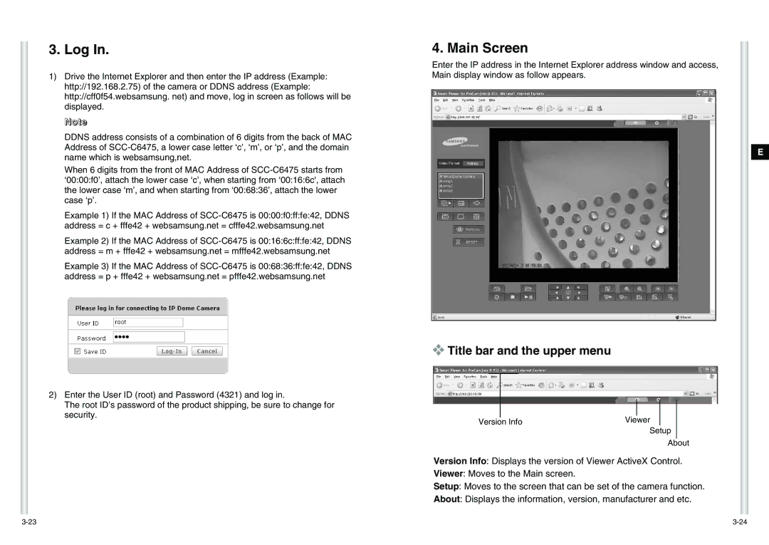 Samsung SCC-C6475(P) manual Log, Title bar and the upper menu 