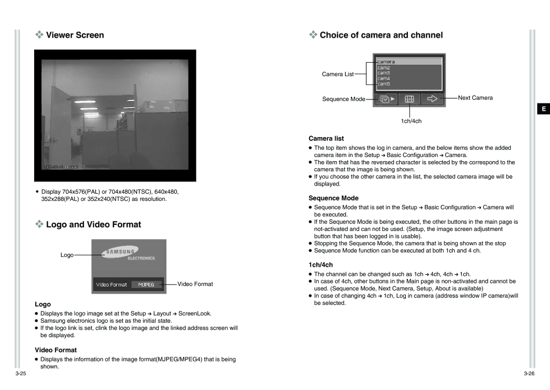 Samsung SCC-C6475(P) manual Viewer Screen, Logo and Video Format, Choice of camera and channel 