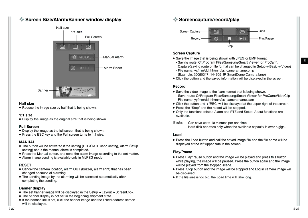 Samsung SCC-C6475(P) manual Screen Size/Alarm/Banner window display, Screencapture/record/play 