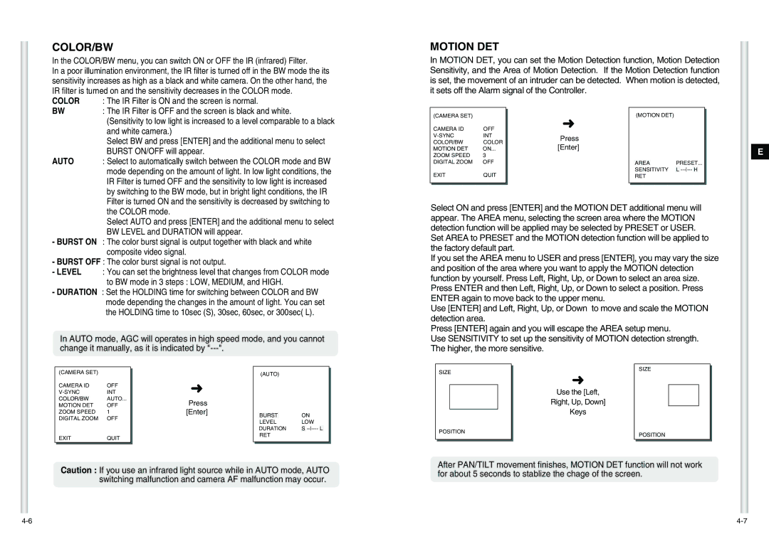 Samsung SCC-C6475(P) manual Color/Bw, Motion DET 