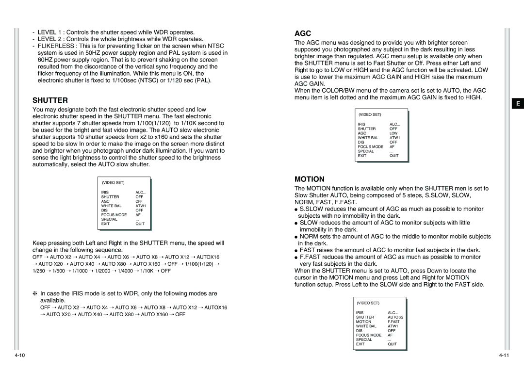 Samsung SCC-C6475(P) manual Shutter, Agc, Motion, AGC Gain 