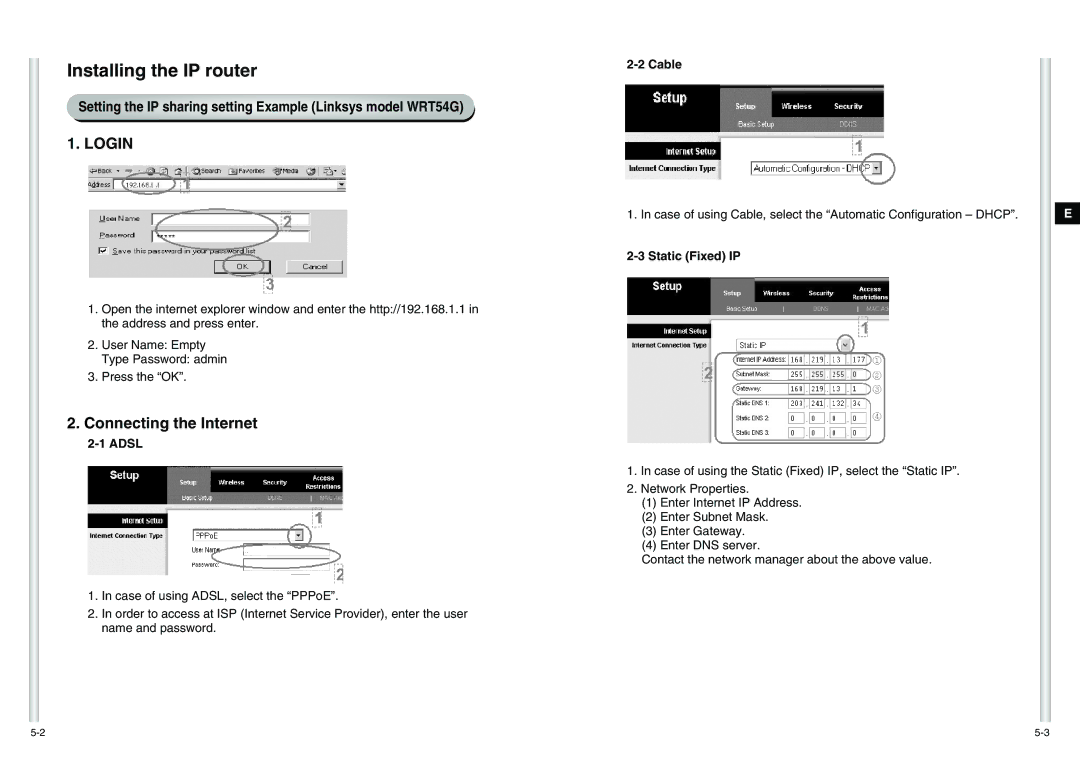 Samsung SCC-C6475(P) manual Login, Connecting the Internet, Setting the IP sharing setting Example Linksys model WRT54G 