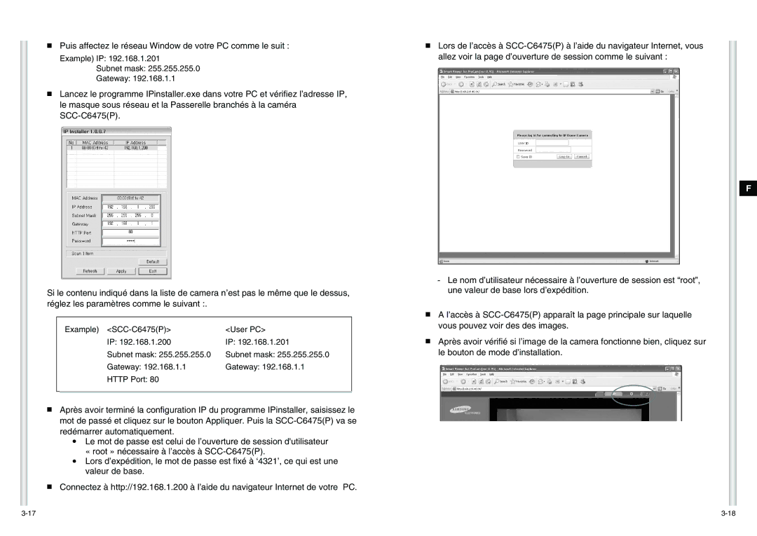 Samsung SCC-C6475P manual Puis affectez le réseau Window de votre PC comme le suit 