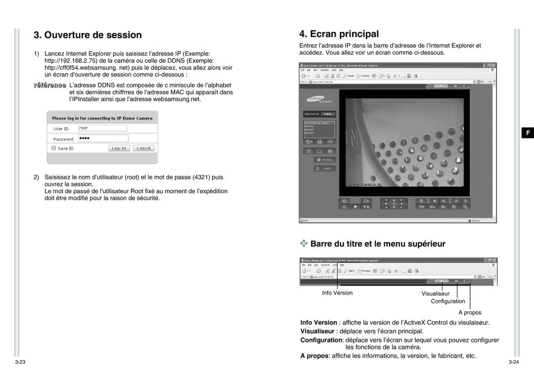 Samsung SCC-C6475P manual Ouverture de session, Barre du titre et le menu supérieur 