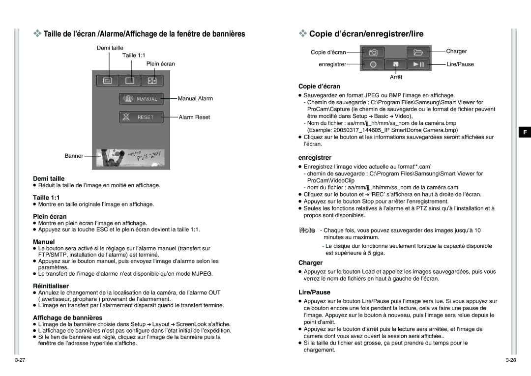 Samsung SCC-C6475P manual Copie d’écran/enregistrer/lire 