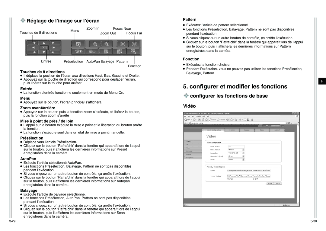 Samsung SCC-C6475P manual Réglage de l’image sur l’écran, Configurer les fonctions de base, Vidéo 