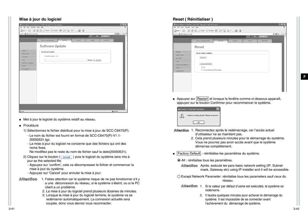 Samsung SCC-C6475P manual Mise à jour du logiciel, Reset Réinitialiser 