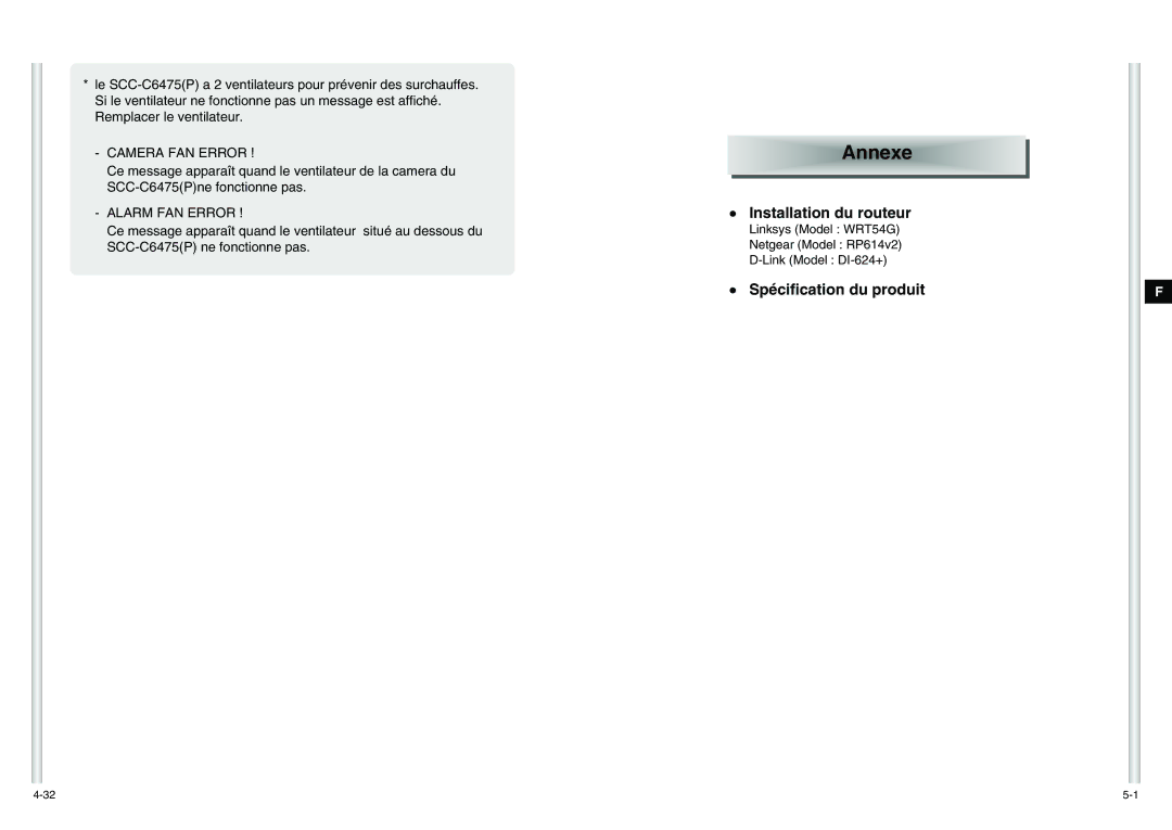 Samsung SCC-C6475P manual Annex e, Installation du routeur, Spécification du produit 