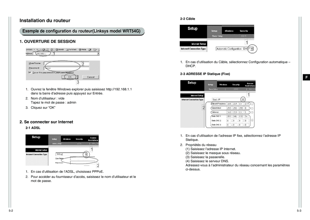 Samsung SCC-C6475P manual Installation du routeur, Exemple de configuration du routeurLinksys model WRT54G 