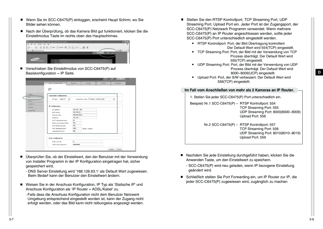 Samsung SCC-C6475P manual Im Fall vom Anschließen von mehr als 2 Kameras an IP Router 