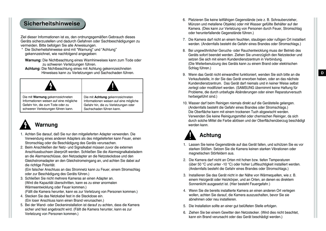 Samsung SCC-C6475P manual Sicherheitshinweise 