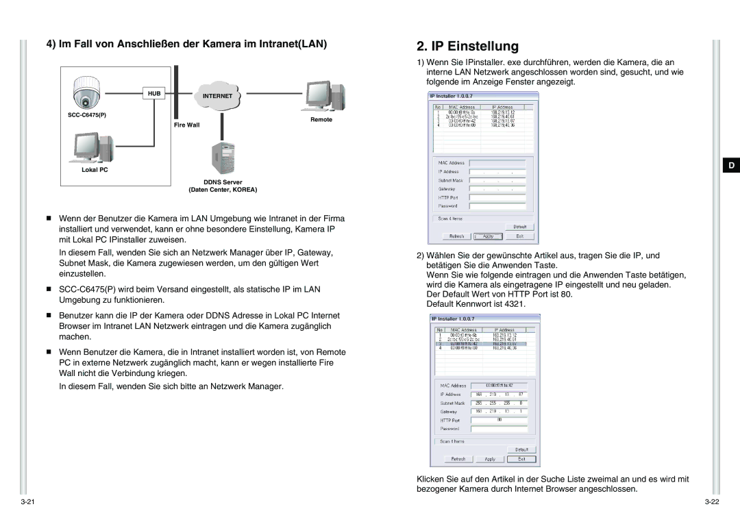 Samsung SCC-C6475P manual IP Einstellung, Im Fall von Anschließen der Kamera im IntranetLAN 